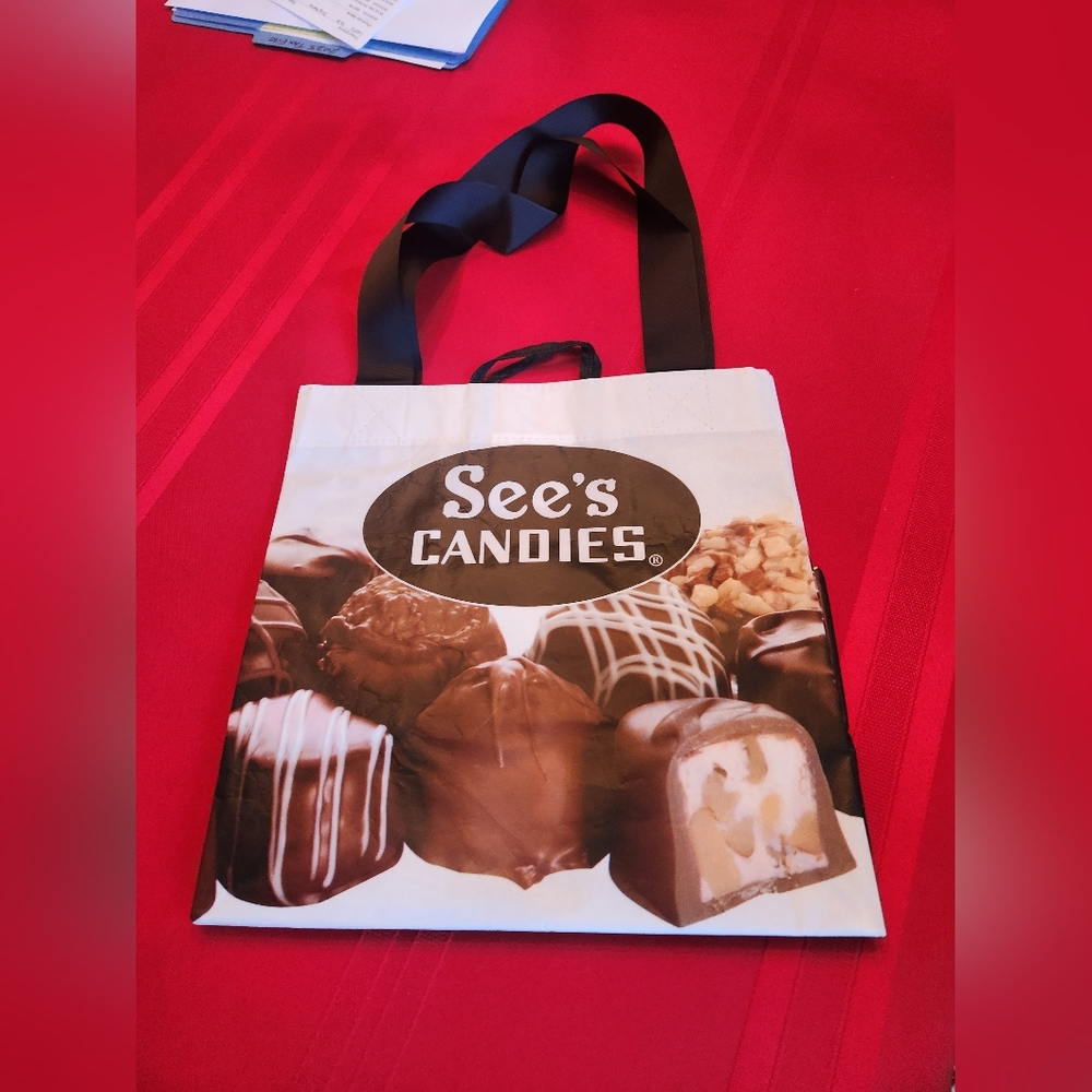 See's Candies Chocolate Print Tote Bag White and Brown